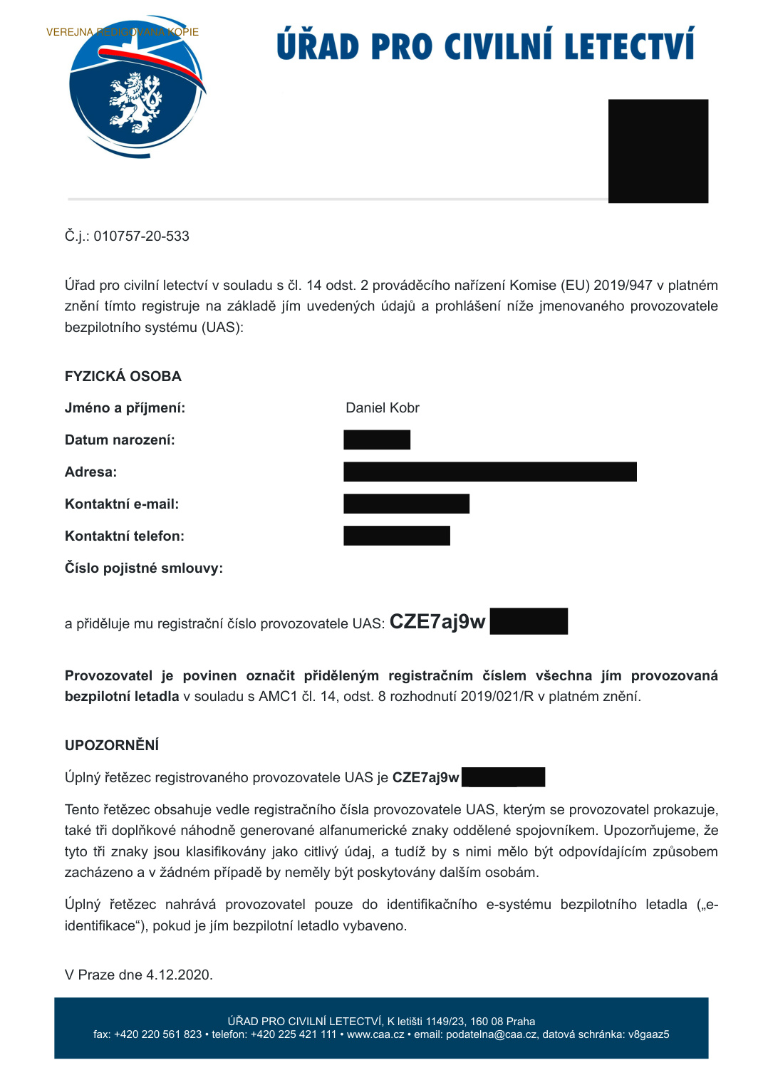 Redigovaná registrace provozovatele UAS vydaná Úřadem pro civilní letectví