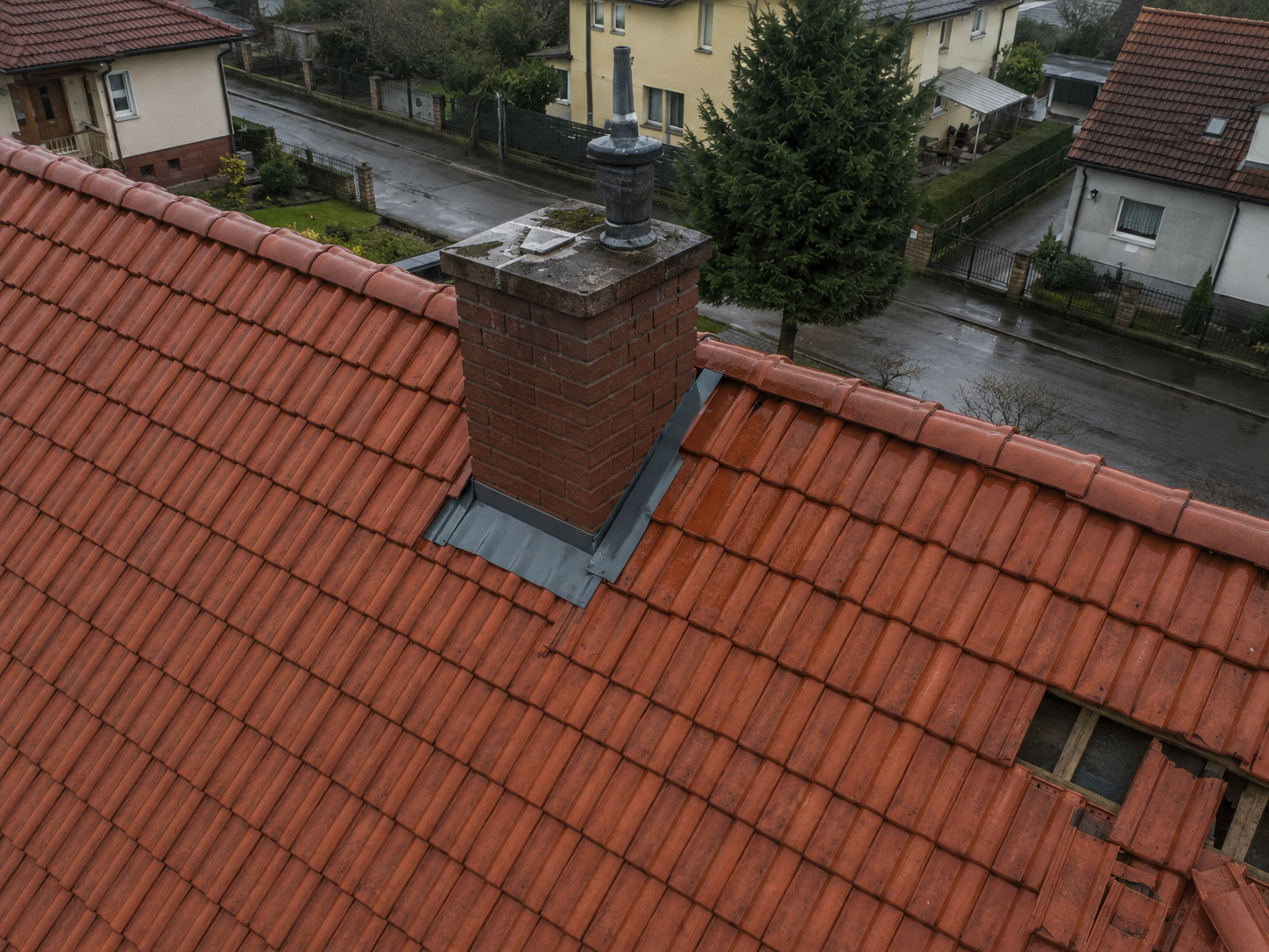 Oplechování komína je obrazově zdokumentováno. Z tohoto snímku není potvrzeno jednoznačné mechanické poškození.